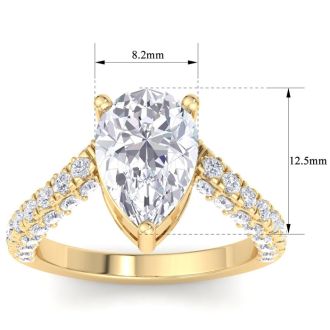 4 Carat Pear Shape Lab Grown Diamond Curved Engagement Ring In 14K Yellow Gold