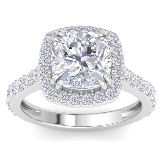 5 Carat Cushion Cut Lab Grown Diamond Halo Engagement Ring In 14K White Gold