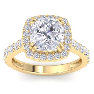 5 Carat Cushion Cut Lab Grown Diamond Halo Engagement Ring In 14K Yellow Gold