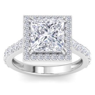 5 Carat Princess Cut Lab Grown Diamond Halo Engagement Ring In 14K White Gold