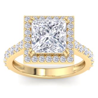 5 Carat Princess Cut Lab Grown Diamond Halo Engagement Ring In 14K Yellow Gold