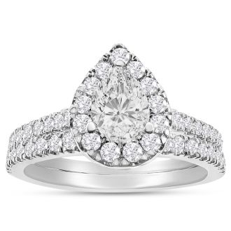 1.40 Carat Pear Shape Lab Grown Diamond Halo Bridal Set In 14K White Gold