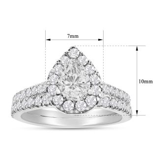 1.40 Carat Pear Shape Lab Grown Diamond Halo Bridal Set In 14K White Gold