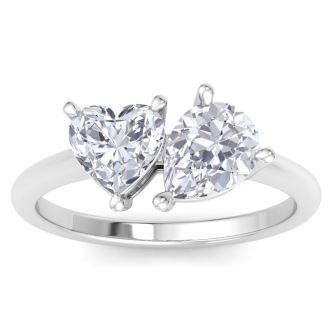 2 Carat Lab Grown Diamond Two Stone Engagement Ring, Heart-Pear, In 14K White Gold