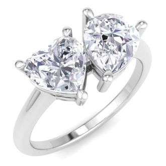 2 Carat Lab Grown Diamond Two Stone Engagement Ring, Heart-Pear, In 14K White Gold