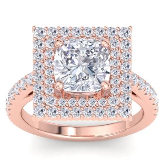 4 Carat Cushion Cut Lab Grown Diamond Square Halo Engagement Ring In 14K Rose Gold