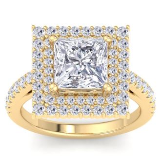 4 Carat Princess Cut Lab Grown Diamond Square Halo Engagement Ring In 14K Yellow Gold