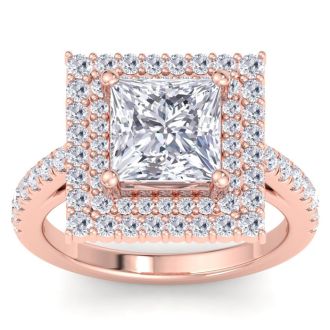 4 Carat Princess Cut Lab Grown Diamond Square Halo Engagement Ring In 14K Rose Gold