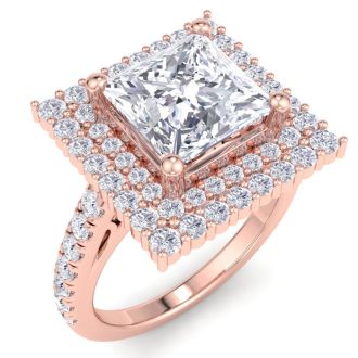 4 Carat Princess Cut Lab Grown Diamond Square Halo Engagement Ring In 14K Rose Gold