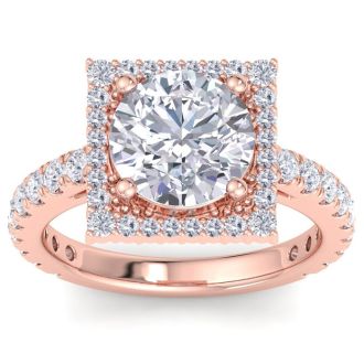 4 Carat Round Lab Grown Diamond Square Halo Engagement Ring In 14K Rose Gold