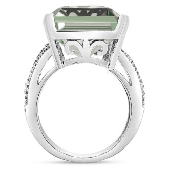 14 Carat Octagon Shape Green Amethyst and Diamond Ring In Sterling Silver
