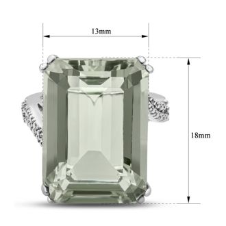 14 Carat Octagon Shape Green Amethyst and Diamond Ring In Sterling Silver