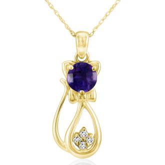 1 Carat Amethyst and Diamond Cat Necklace In 10K Yellow Gold, 18 Inches
