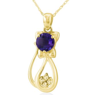 1 Carat Amethyst and Diamond Cat Necklace In 10K Yellow Gold, 18 Inches
