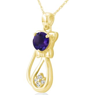1 Carat Amethyst and Diamond Cat Necklace In 10K Yellow Gold, 18 Inches