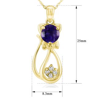 1 Carat Amethyst and Diamond Cat Necklace In 10K Yellow Gold, 18 Inches