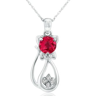 1 Carat Ruby and Diamond Cat Necklace In 10K White Gold, 18 Inches