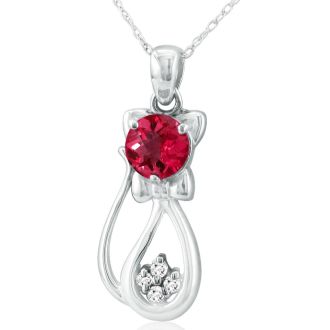 1 Carat Ruby and Diamond Cat Necklace In 10K White Gold, 18 Inches