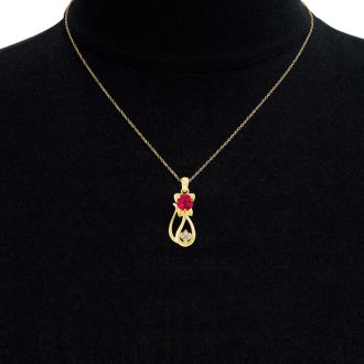1 Carat Ruby and Diamond Cat Necklace In 10K Yellow Gold, 18 Inches