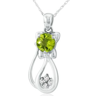 1 Carat Peridot and Diamond Cat Necklace In 10K White Gold, 18 Inches