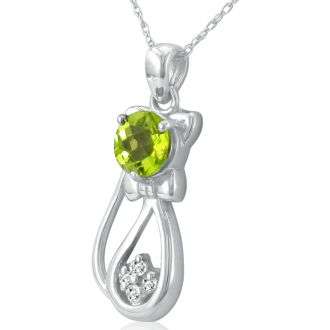 1 Carat Peridot and Diamond Cat Necklace In 10K White Gold, 18 Inches