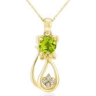 1 Carat Peridot and Diamond Cat Necklace In 10K Yellow Gold, 18 Inches