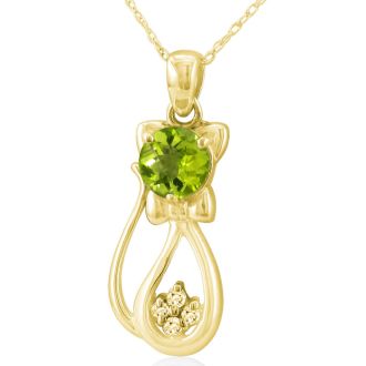 1 Carat Peridot and Diamond Cat Necklace In 10K Yellow Gold, 18 Inches