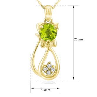 1 Carat Peridot and Diamond Cat Necklace In 10K Yellow Gold, 18 Inches
