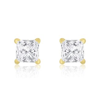 1 Carat Princess Cut Lab Grown Diamond Stud Earrings In 14 Karat Yellow Gold