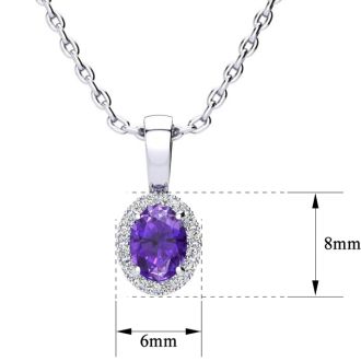 1/2 Carat Oval Shape Amethyst and Halo Diamond Necklace In Sterling Silver With 18 Inch Chain