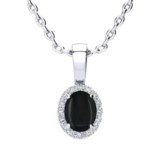 1/2 Carat Oval Shape Black Onyx and Halo Diamond Necklace In Sterling Silver With 18 Inch Chain