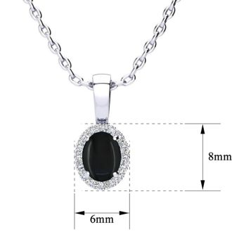 1/2 Carat Oval Shape Black Onyx and Halo Diamond Necklace In Sterling Silver With 18 Inch Chain
