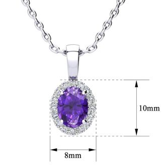 1 Carat Oval Shape Amethyst and Halo Diamond Necklace In Sterling Silver With 18 Inch Chain