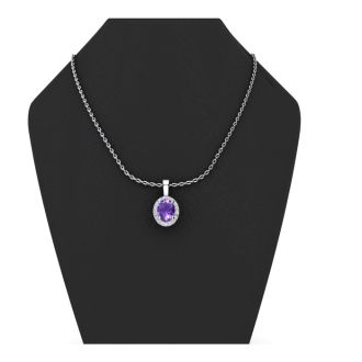 1 Carat Oval Shape Amethyst and Halo Diamond Necklace In Sterling Silver With 18 Inch Chain
