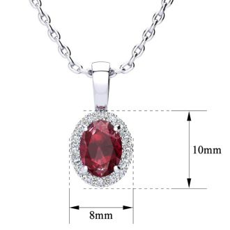 1 Carat Oval Shape Ruby and Halo Diamond Necklace In Sterling Silver With 18 Inch Chain
