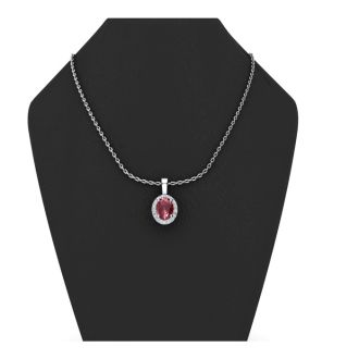 1 Carat Oval Shape Ruby and Halo Diamond Necklace In Sterling Silver With 18 Inch Chain