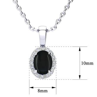 1 Carat Oval Shape Black Onyx and Halo Diamond Necklace In Sterling Silver With 18 Inch Chain