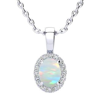 1 Carat Oval Shape Opal and Halo Diamond Necklace In Sterling Silver With 18 Inch Chain