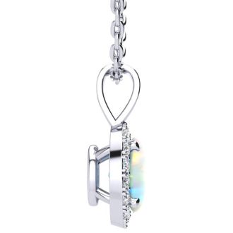 1 Carat Oval Shape Opal and Halo Diamond Necklace In Sterling Silver With 18 Inch Chain