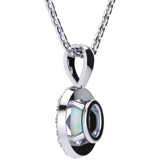 1 Carat Oval Shape Opal and Halo Diamond Necklace In Sterling Silver With 18 Inch Chain