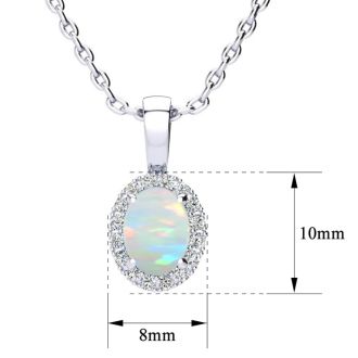 1 Carat Oval Shape Opal and Halo Diamond Necklace In Sterling Silver With 18 Inch Chain