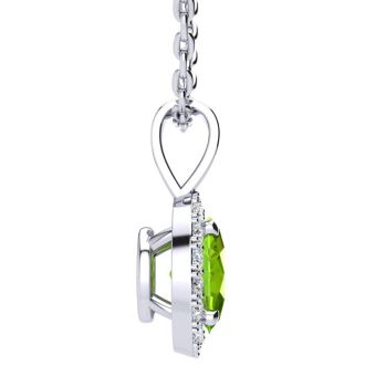 1 Carat Oval Shape Peridot and Halo Diamond Necklace In Sterling Silver With 18 Inch Chain