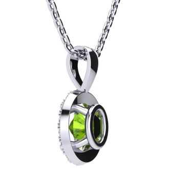1 Carat Oval Shape Peridot and Halo Diamond Necklace In Sterling Silver With 18 Inch Chain
