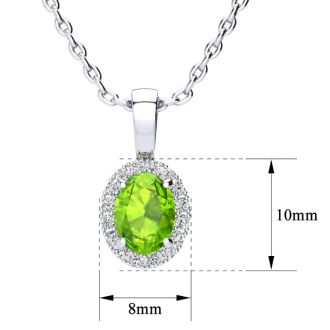 1 Carat Oval Shape Peridot and Halo Diamond Necklace In Sterling Silver With 18 Inch Chain