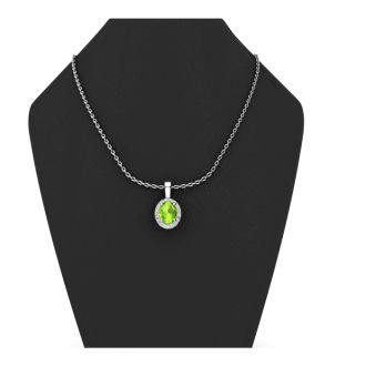 1 Carat Oval Shape Peridot and Halo Diamond Necklace In Sterling Silver With 18 Inch Chain