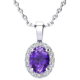 1 1/4 Carat Oval Shape Amethyst and Halo Diamond Necklace In Sterling Silver With 18 Inch Chain