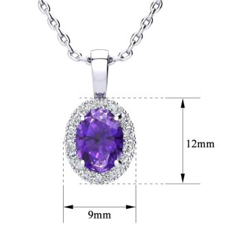 1 1/4 Carat Oval Shape Amethyst and Halo Diamond Necklace In Sterling Silver With 18 Inch Chain