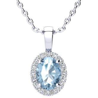 1 1/4 Carat Oval Shape Aquamarine and Halo Diamond Necklace In  Sterling Silver With 18 Inch Chain