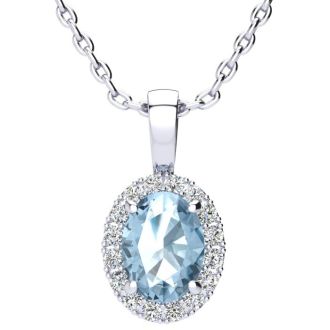 1 1/4 Carat Oval Shape Aquamarine and Halo Diamond Necklace In Sterling Silver With 18 Inch Chain