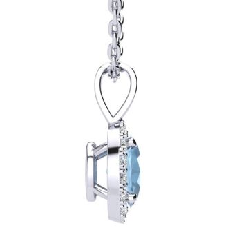 1 1/4 Carat Oval Shape Aquamarine and Halo Diamond Necklace In  Sterling Silver With 18 Inch Chain